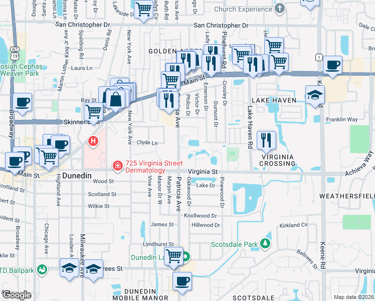map of restaurants, bars, coffee shops, grocery stores, and more near 936 Virginia Street in Dunedin