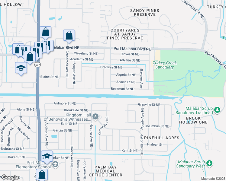 map of restaurants, bars, coffee shops, grocery stores, and more near 2013 Beekman Street Northeast in Palm Bay