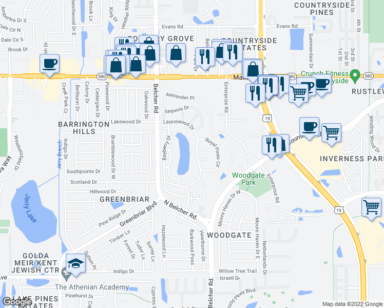map of restaurants, bars, coffee shops, grocery stores, and more near 2494 Laurelwood Drive in Clearwater