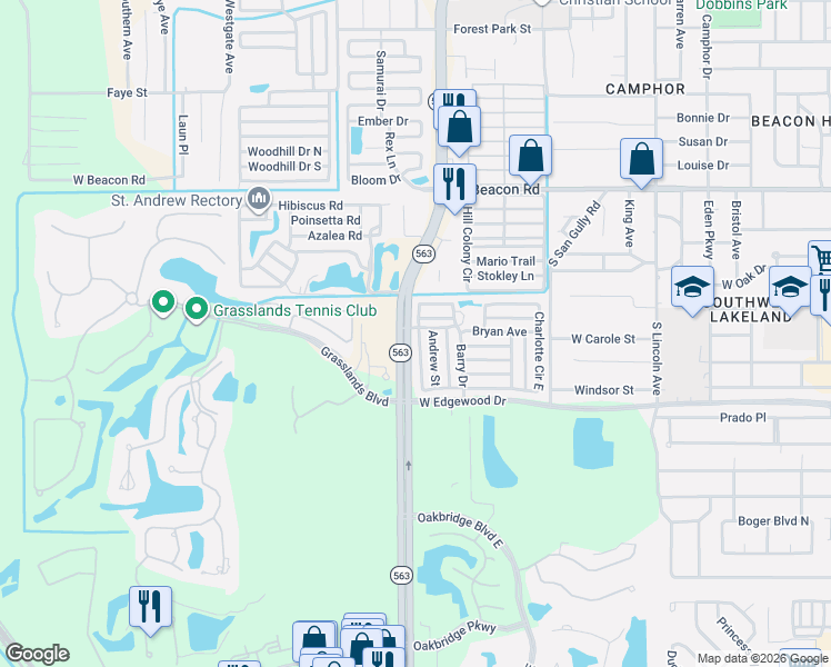 map of restaurants, bars, coffee shops, grocery stores, and more near 2600 Harden Boulevard in Lakeland