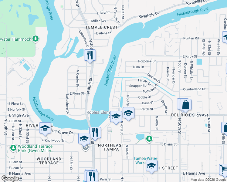 map of restaurants, bars, coffee shops, grocery stores, and more near 7352 East Bank Drive in Tampa