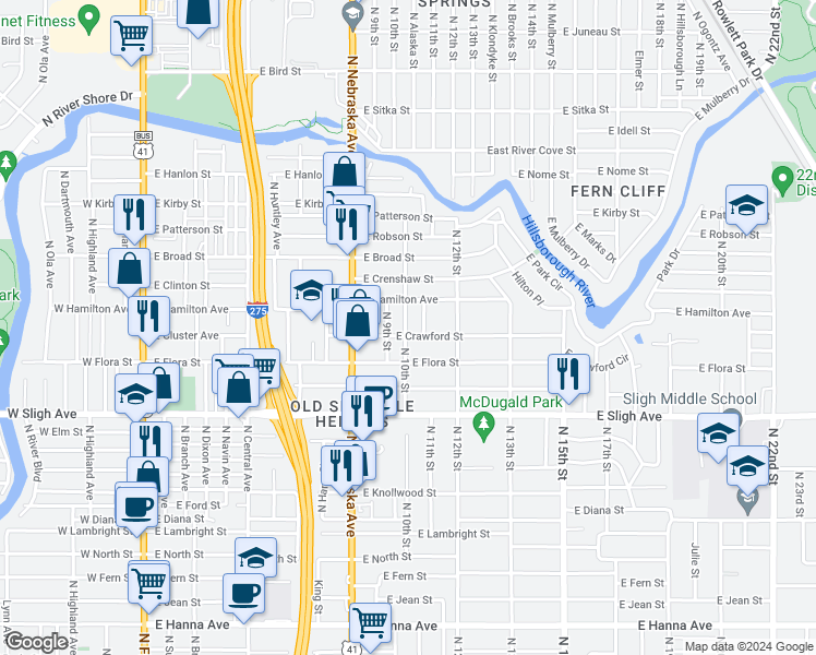 map of restaurants, bars, coffee shops, grocery stores, and more near 7211 North 10th Street in Tampa