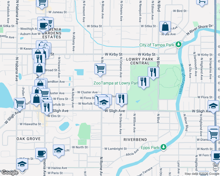 map of restaurants, bars, coffee shops, grocery stores, and more near 7020 North Oregon Avenue in Tampa