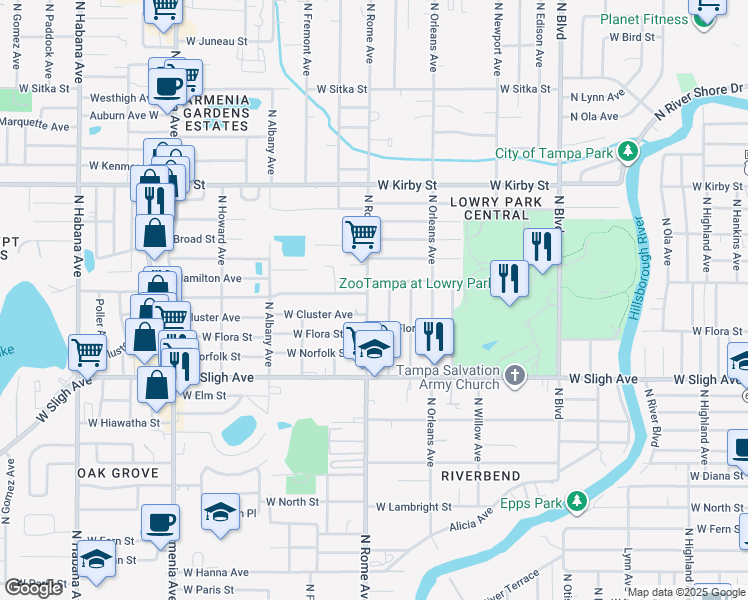 map of restaurants, bars, coffee shops, grocery stores, and more near 7117 North Rome Avenue in Tampa