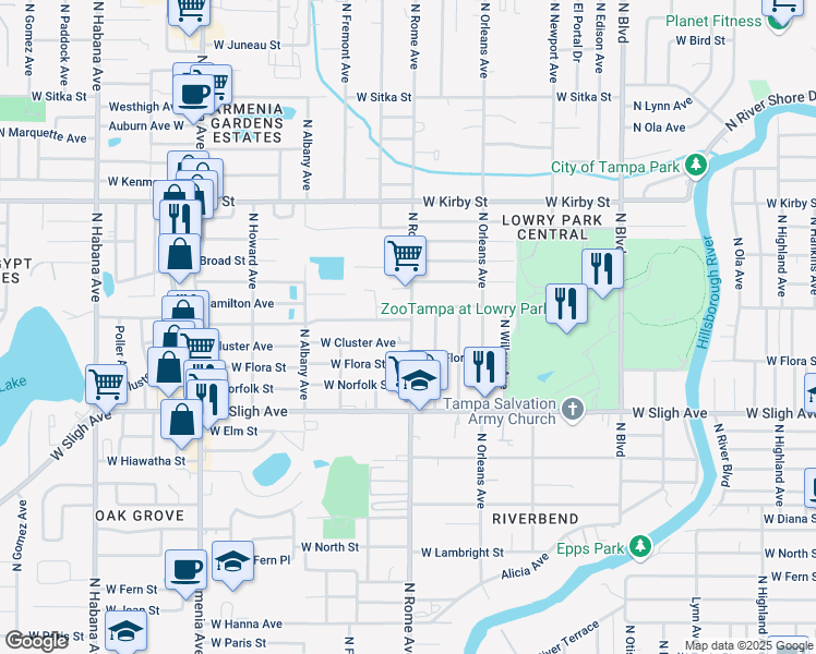 map of restaurants, bars, coffee shops, grocery stores, and more near 7117 North Rome Avenue in Tampa