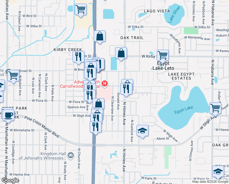 map of restaurants, bars, coffee shops, grocery stores, and more near 7019 Donald Avenue in Tampa