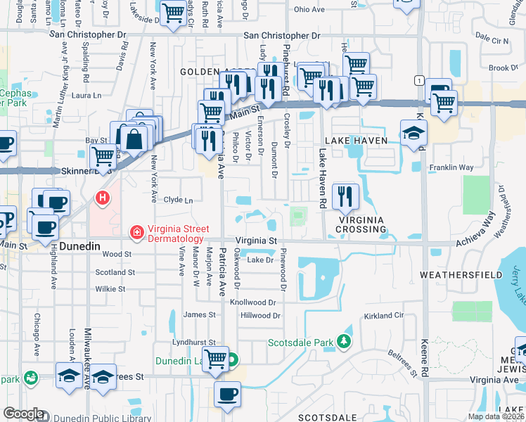 map of restaurants, bars, coffee shops, grocery stores, and more near 1153 Stewart Drive in Dunedin
