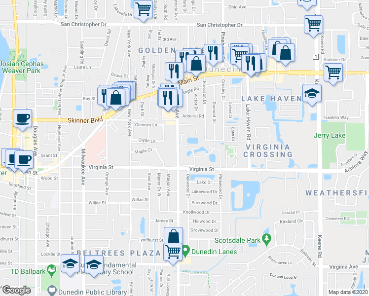 map of restaurants, bars, coffee shops, grocery stores, and more near 936 Virginia Street in Dunedin