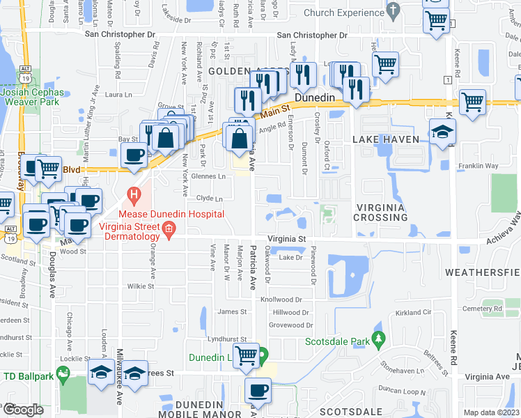 map of restaurants, bars, coffee shops, grocery stores, and more near 936 Virginia Street in Dunedin