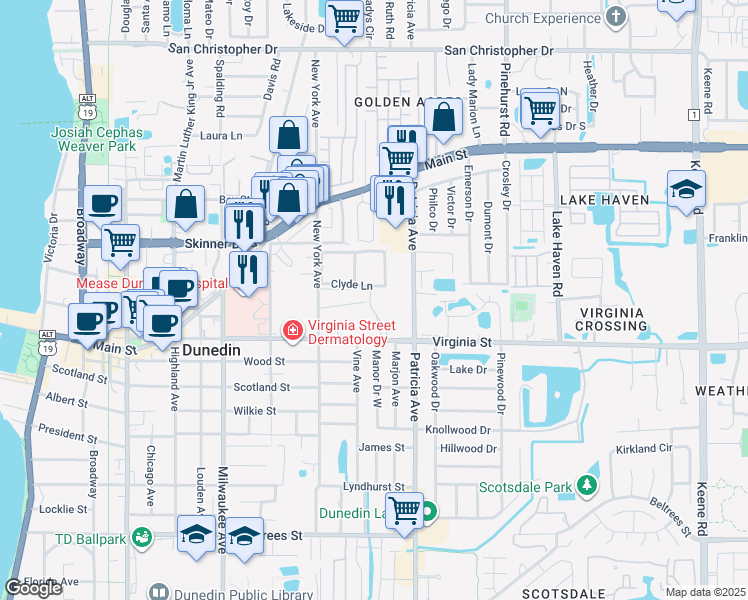map of restaurants, bars, coffee shops, grocery stores, and more near 100 Clyde Lane in Dunedin
