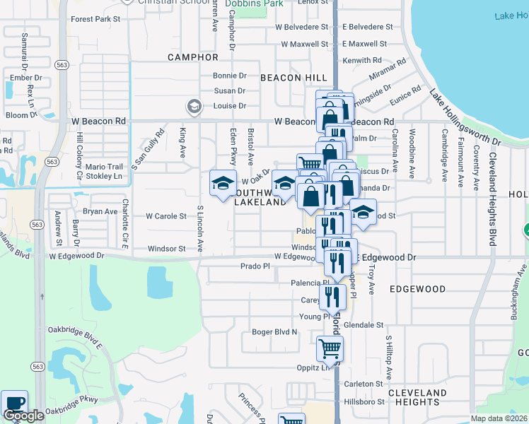 map of restaurants, bars, coffee shops, grocery stores, and more near 2608 South Palmeden Drive in Lakeland