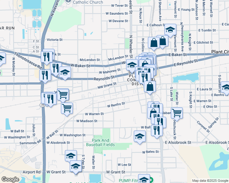 map of restaurants, bars, coffee shops, grocery stores, and more near 702 West Doctor Martin Luther King Junior Boulevard in Plant City