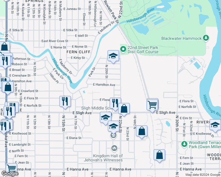 map of restaurants, bars, coffee shops, grocery stores, and more near 2013 East Hamilton Avenue in Tampa