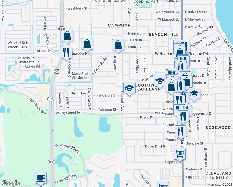 map of restaurants, bars, coffee shops, grocery stores, and more near 817 West Carole Street in Lakeland