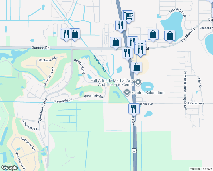 map of restaurants, bars, coffee shops, grocery stores, and more near 250 Greenfield Road in Winter Haven