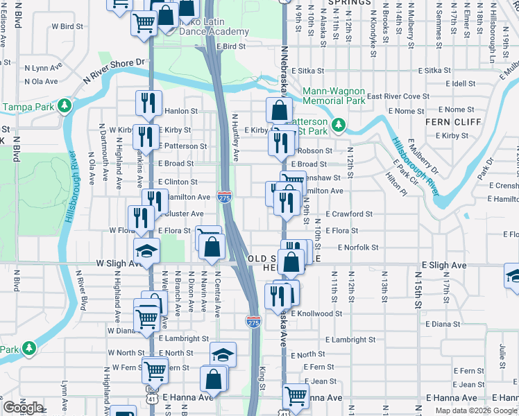 map of restaurants, bars, coffee shops, grocery stores, and more near 723 East Hamilton Avenue in Tampa