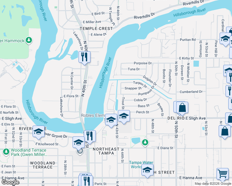 map of restaurants, bars, coffee shops, grocery stores, and more near 4404 Tarpon Drive in Tampa