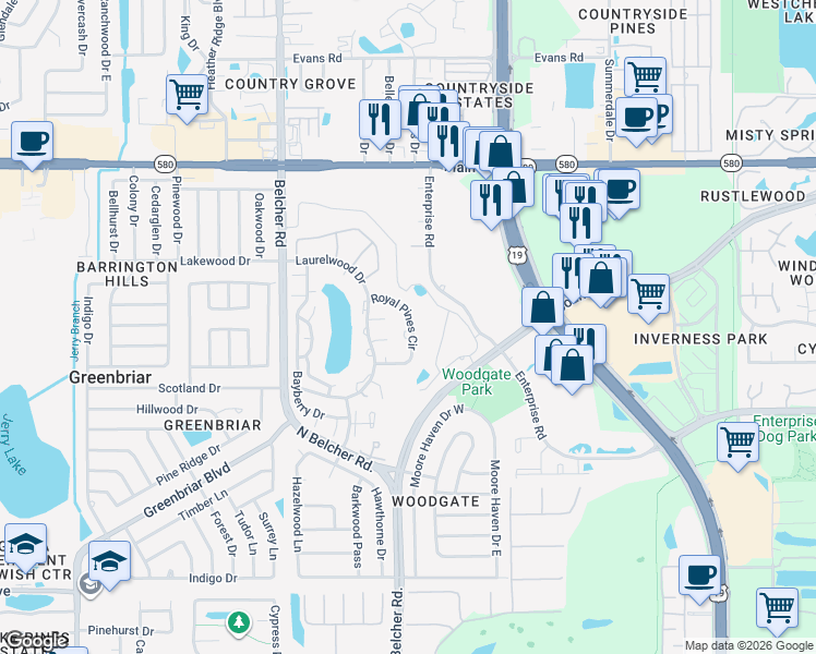 map of restaurants, bars, coffee shops, grocery stores, and more near 2538 Royal Pines Circle in Clearwater