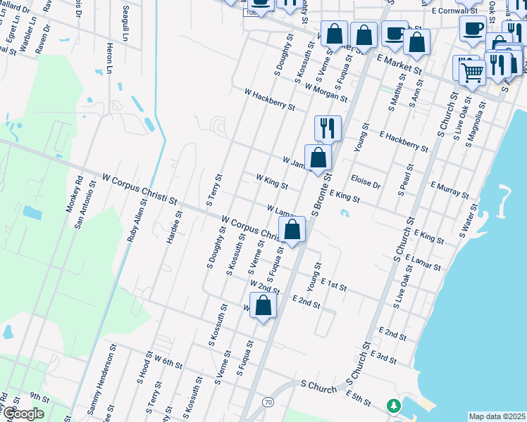 map of restaurants, bars, coffee shops, grocery stores, and more near 311 W Lamar St in Rockport