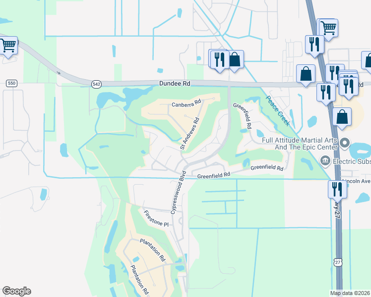 map of restaurants, bars, coffee shops, grocery stores, and more near 600 Turnberry Court in Winter Haven