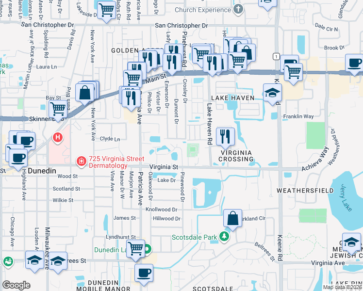 map of restaurants, bars, coffee shops, grocery stores, and more near 1025 Loch Haven Drive South in Dunedin