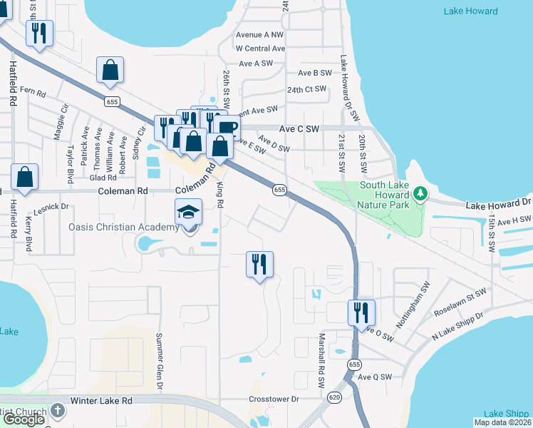 map of restaurants, bars, coffee shops, grocery stores, and more near 1416 Wallace Manor Pass in Winter Haven