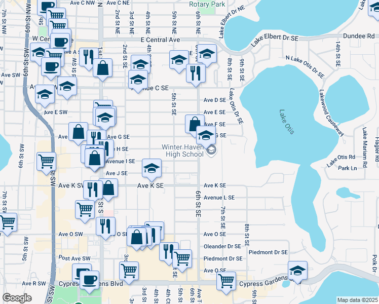 map of restaurants, bars, coffee shops, grocery stores, and more near 510 Avenue H Southeast in Winter Haven