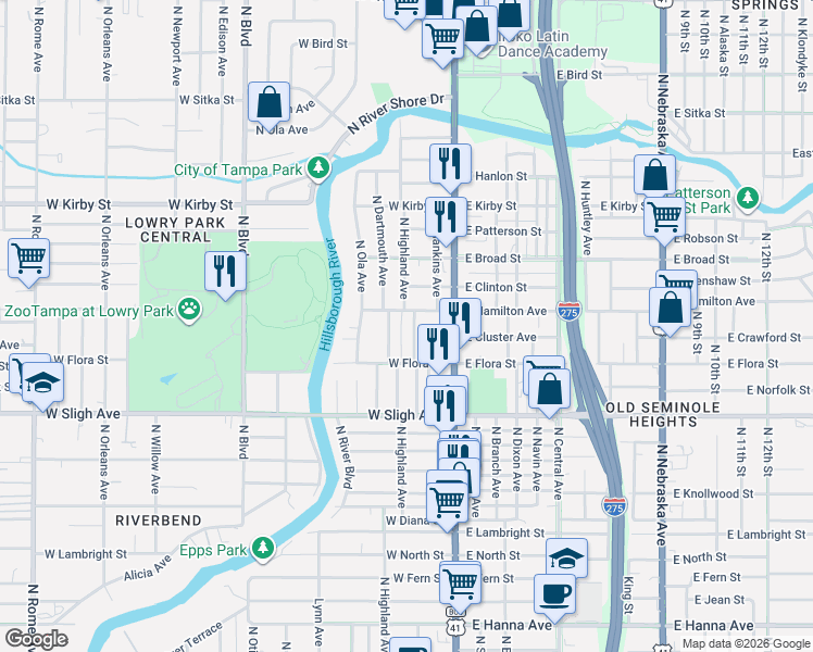 map of restaurants, bars, coffee shops, grocery stores, and more near 7213 North Duncan Avenue in Tampa