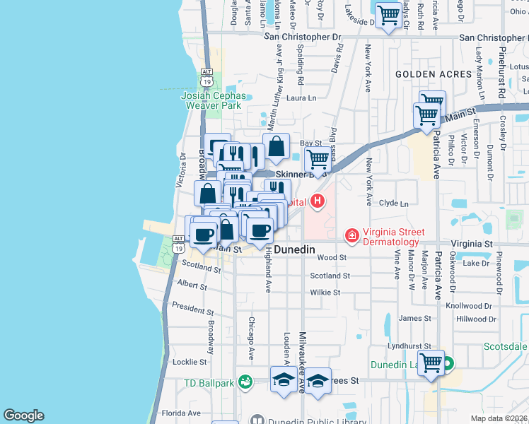 map of restaurants, bars, coffee shops, grocery stores, and more near 432 Highland Court in Dunedin