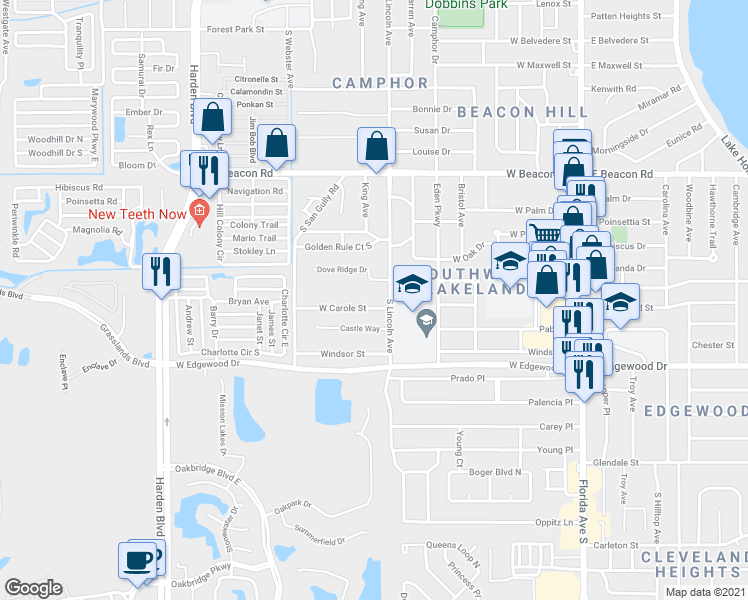 map of restaurants, bars, coffee shops, grocery stores, and more near 815 West Carole Street in Lakeland