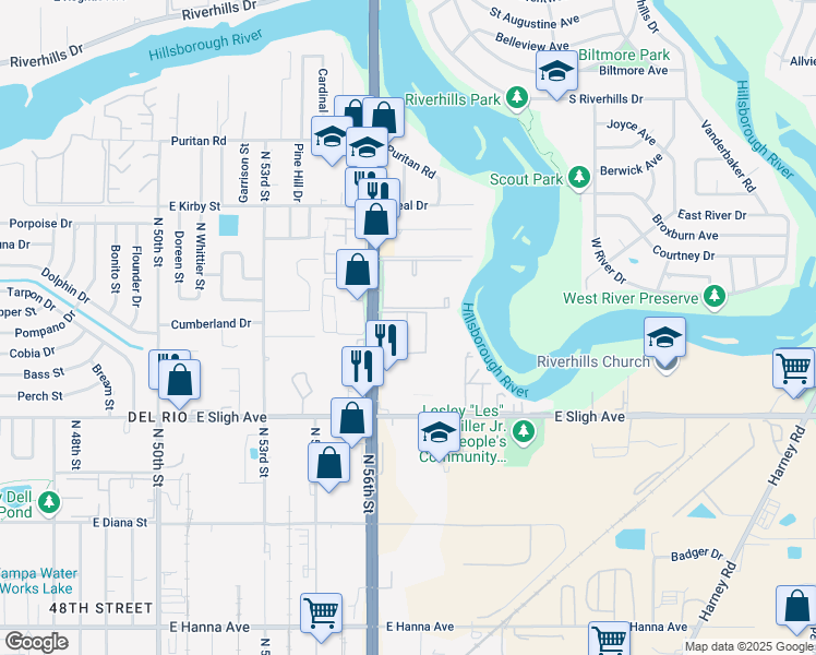 map of restaurants, bars, coffee shops, grocery stores, and more near 7011 San Ramon Place in Tampa