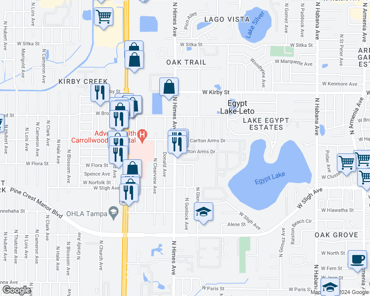 map of restaurants, bars, coffee shops, grocery stores, and more near 3439 Carlton Arms Drive in Tampa