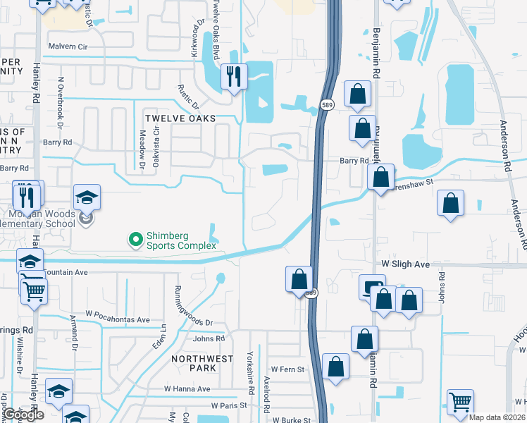 map of restaurants, bars, coffee shops, grocery stores, and more near 6038 Lanshire Drive in Tampa