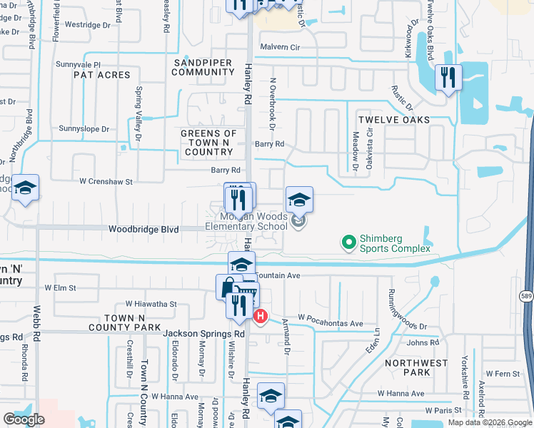 map of restaurants, bars, coffee shops, grocery stores, and more near 7305 Los Padres Court in Tampa