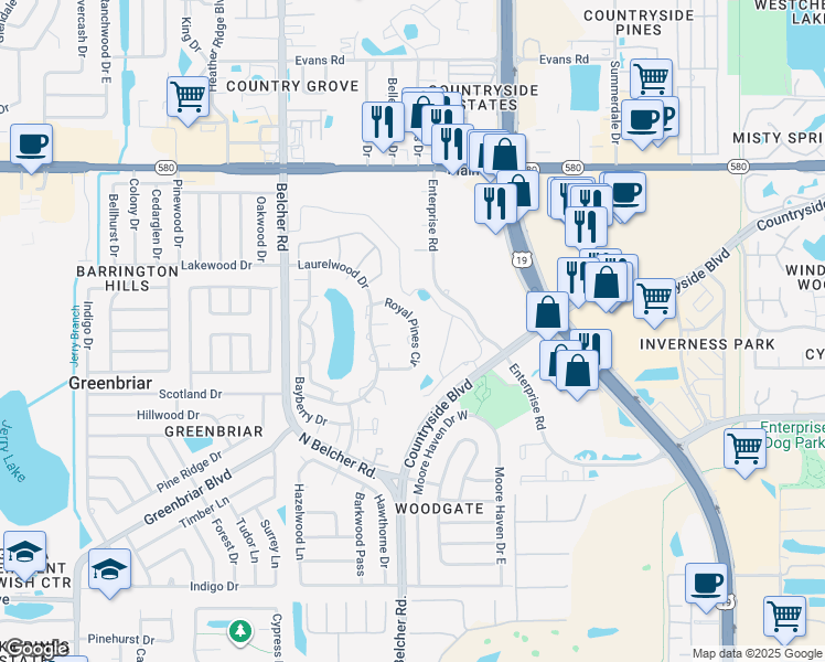 map of restaurants, bars, coffee shops, grocery stores, and more near 2543 Royal Pines Circle in Clearwater