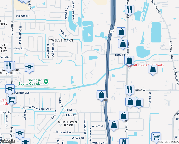 map of restaurants, bars, coffee shops, grocery stores, and more near 6038 Lanshire Drive in Tampa