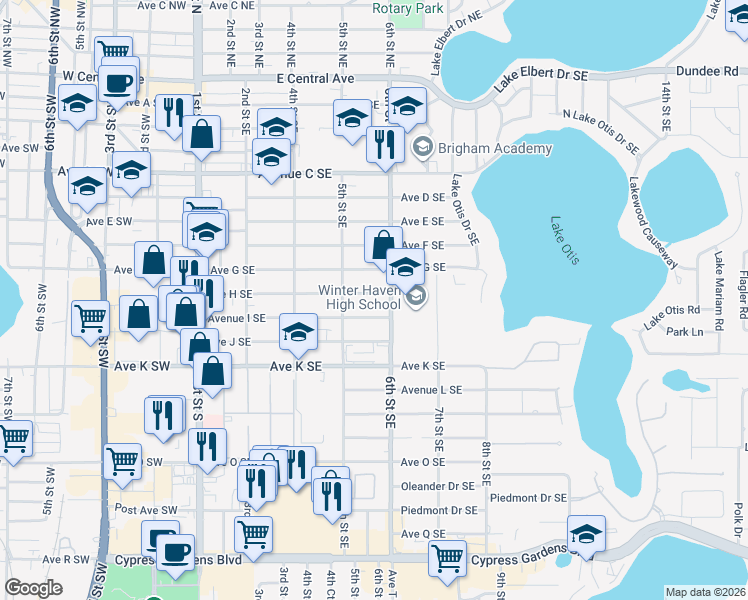 map of restaurants, bars, coffee shops, grocery stores, and more near 534 Avenue H Southeast in Winter Haven