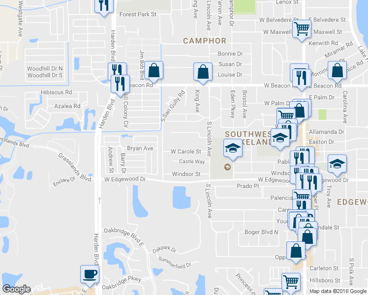 map of restaurants, bars, coffee shops, grocery stores, and more near 845 West Carole Street in Lakeland