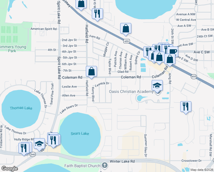 map of restaurants, bars, coffee shops, grocery stores, and more near 825 Cinnamon Drive in Winter Haven
