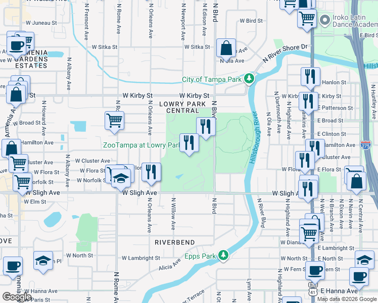 map of restaurants, bars, coffee shops, grocery stores, and more near 1101 West Sligh Avenue in Tampa