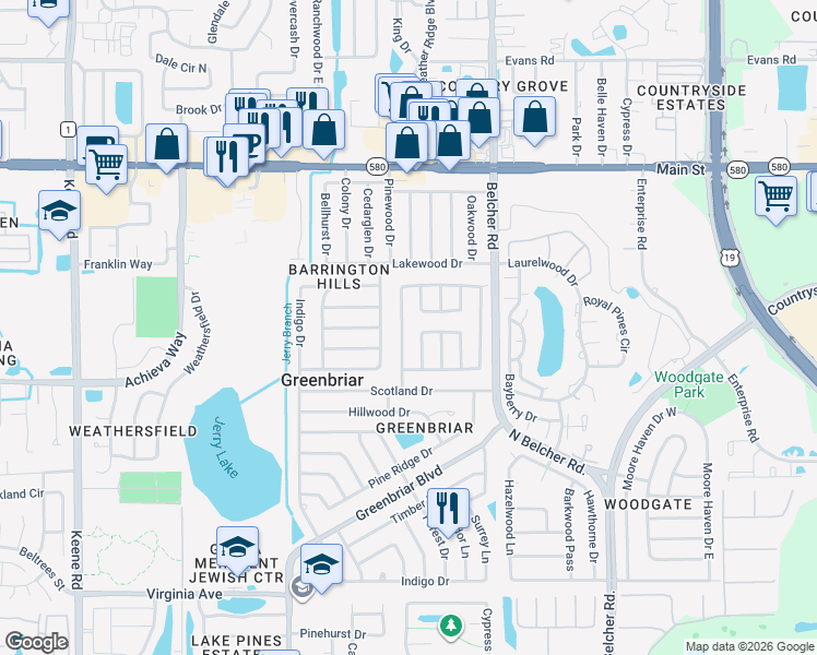 map of restaurants, bars, coffee shops, grocery stores, and more near 2545 Bramblewood Drive West in Clearwater