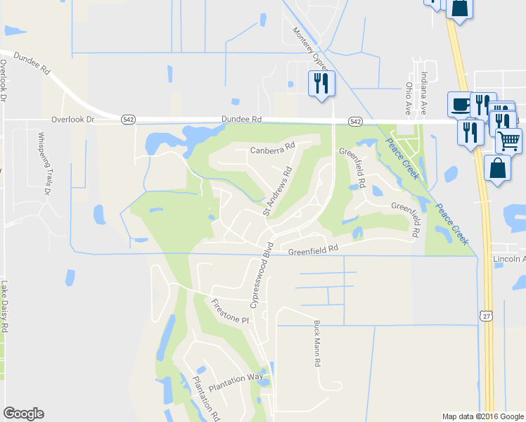 map of restaurants, bars, coffee shops, grocery stores, and more near 600 Turnberry Court in Winter Haven