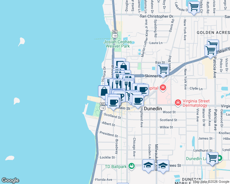 map of restaurants, bars, coffee shops, grocery stores, and more near 927 Broadway in Dunedin