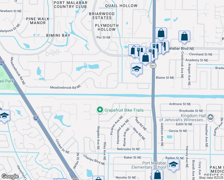 map of restaurants, bars, coffee shops, grocery stores, and more near 1512 Meadowbrook Road Northeast in Palm Bay
