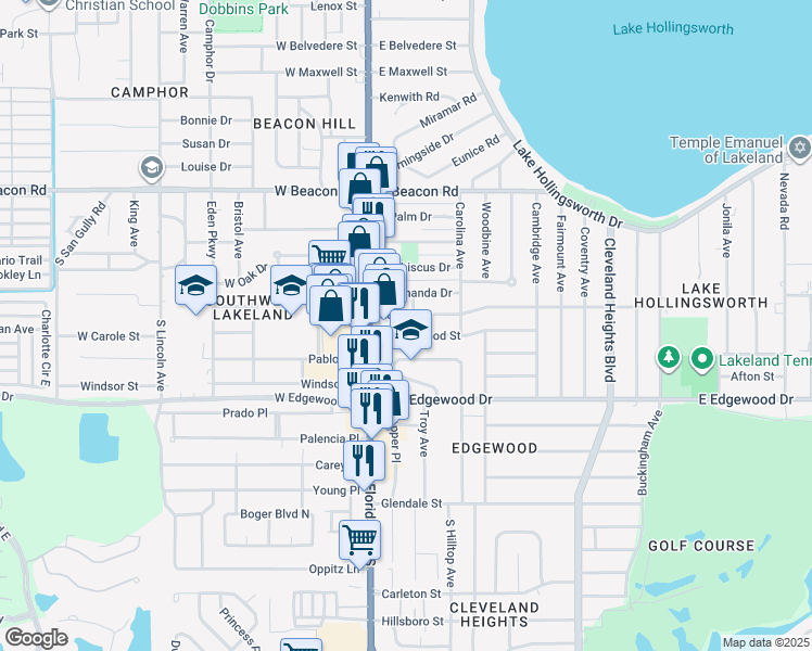 map of restaurants, bars, coffee shops, grocery stores, and more near 211 Easton Drive in Lakeland