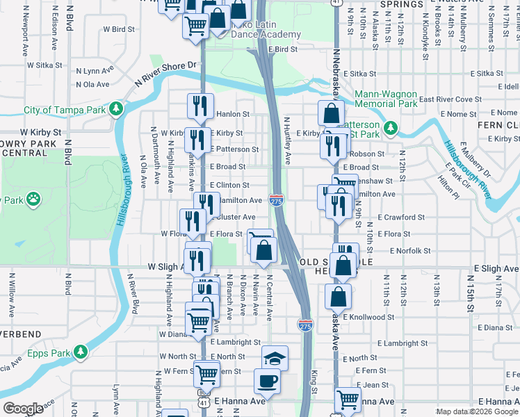 map of restaurants, bars, coffee shops, grocery stores, and more near 409 East Hamilton Avenue in Tampa
