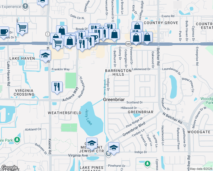 map of restaurants, bars, coffee shops, grocery stores, and more near 2551 Indigo Drive in Dunedin