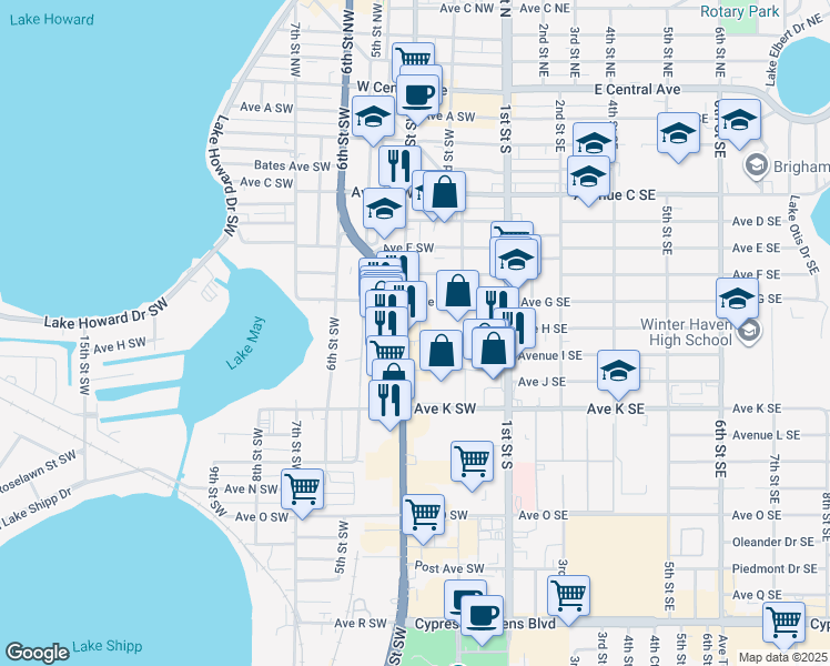 map of restaurants, bars, coffee shops, grocery stores, and more near 910 3rd Street Southwest in Winter Haven
