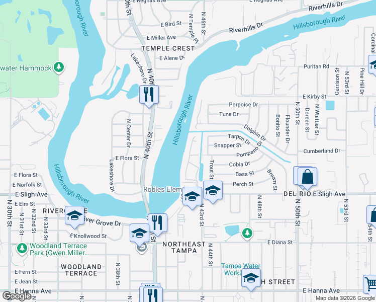 map of restaurants, bars, coffee shops, grocery stores, and more near 7352 East Bank Drive in Tampa