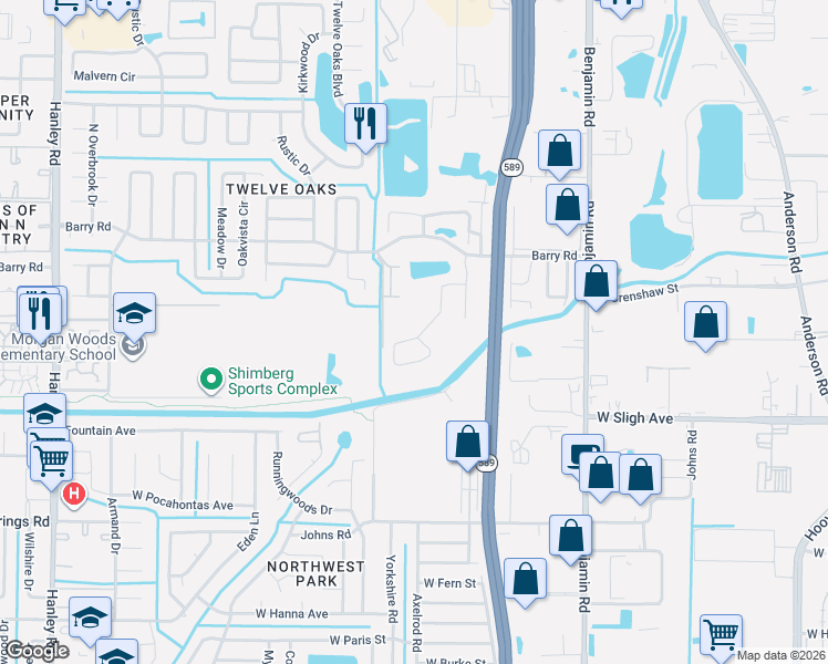 map of restaurants, bars, coffee shops, grocery stores, and more near 6038 Lanshire Drive in Tampa